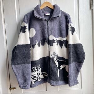Vintage 90s Ocean East Sportswear Howling Wolf Mountain Zippered Fleece Jacket